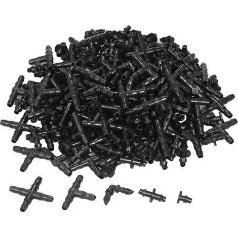 Kit 200 pièces irrigation goutte à goutte, raccords cannelés 1/4", pour jardins pelouses (20x4 voies, 20 coudes, 80 droits, 20 bouchons, 60 tés) (1/5)