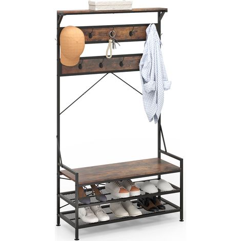 COSTWAY Coat Rack 4-In-1 Hall Tree with 11 Hanging Hooks & Shoe Bench-Brown (1/5)