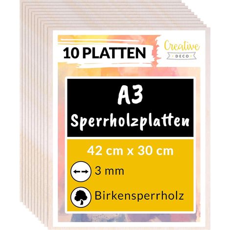 Creative Deco 10 x A3 Sperrholzplatte 3mm 420 x 300 (+/- 2) mm Birkensperrholz Dünne holz-Zuschnitte (1/5)