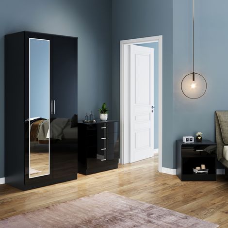 ELEGANT Wardrobe Set High Gloss 3 Piece Bedroom Storage Furniture Include 2 Soft Close Doors Wardrobe and 4 Drawer Chest and Bedside Cabinet, Black with Mirror (1/5)
