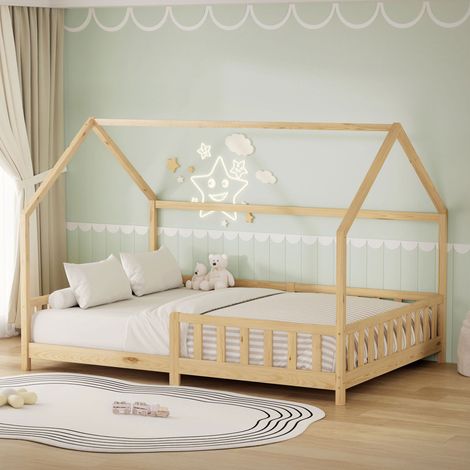 ML-Design Letto a Casetta per Bambini e Ragazzi 140x200 cm, Naturale, con Protezione Anticaduta, Tetto e Rete a Doghe, Letto Montessori in Legno Massello di Pino, Letto a Terra per Adolescenti (1/5)