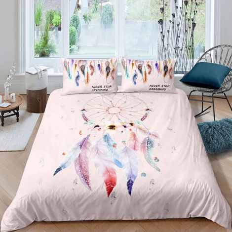 Parure de lit Attrape-rêves pour Filles - Parure de lit bohème - Housse de Couette Florale pour Enfants - Décoration de Chambre - Plume colorée - Rose - Couvre-lit léger 200 x 200 cm - 200x200cm (1/5)