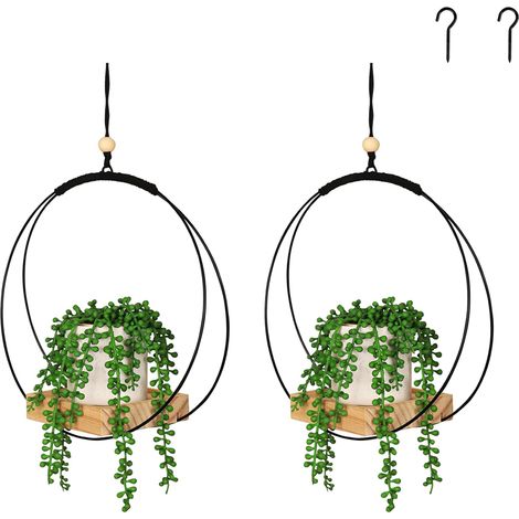 Lot de 2 Suspensions Macramé pour Plantes 107 cm, Support Pot de Fleurs avec Base en Bois et Crochet, Décoration Intérieur et Extérieur