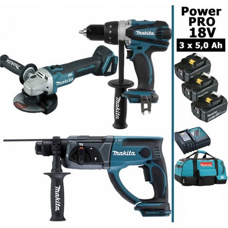 Makita – Pack d'outils électroportatifs 18V – Perceuse 91Nm DDF458 – Perfo-burineur 2J DHR202 – Meuleuse 125mm DGA504 – 3 batteries 5Ah – Sac de transport