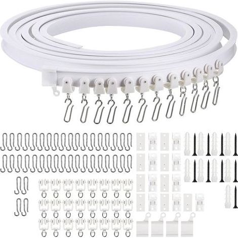 Rail à rideau flexible 5m – PVC nano-synthétique et acier doux – Fixation plafond – Séparateur de pièce blanc avec 24 rouleaux et 40 crochets