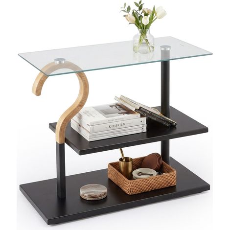 Mesita auxiliar Relaxdays, 2 baldas, (Al x An x Fon) 50 x 60 x 30 cm, acero, cristal, madera, salón, negro/natural (1/5)