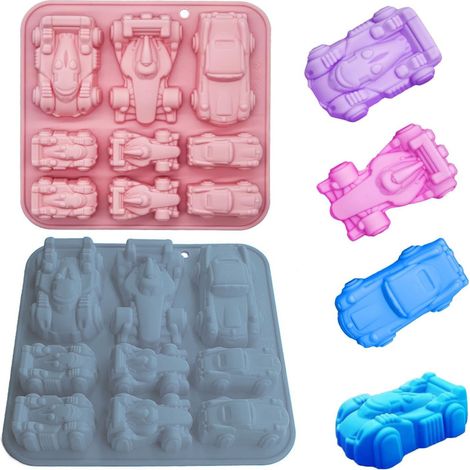 Molde de silicona con forma de coche de carreras para decorar pasteles de chocolate — 2 piezas, 18 cavidades, forma 3D, apto para alimentos (gris) (1/5)