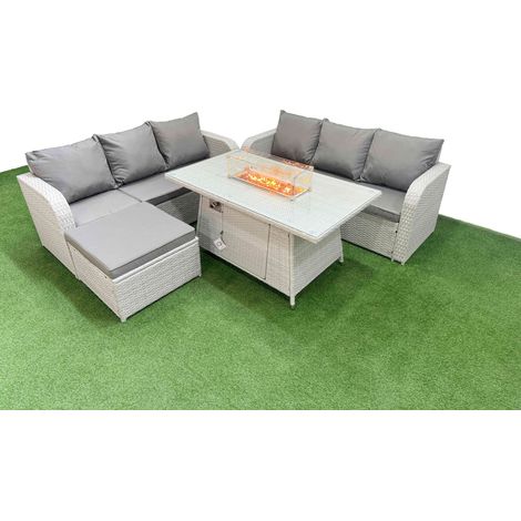 Fimous Outdoor Garden Furniture Sets 7 Seater Wicker Rattan Furniture Sofa Sets with Firepit Dining Table high Back Lounge Sofa Big Footstool Light Grey (1/4)