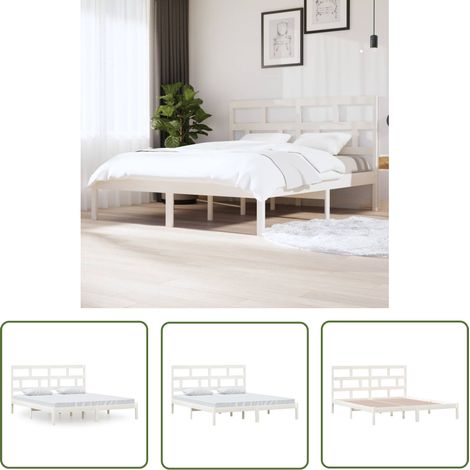 Lit adulte pour 2 personnes, Structure de lit, Assemblage Facile, Blanc Bois massif 180x200 cm Super King OIB5427E (1/5)