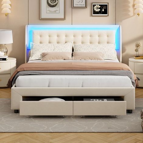 Doppelbett gepolstert 140x190 cm,Lattenrost,Bett für 2 Personen,LED und 2 Schubladen,Hydraulischer Stauraum,Velour Bettkasten in Beige