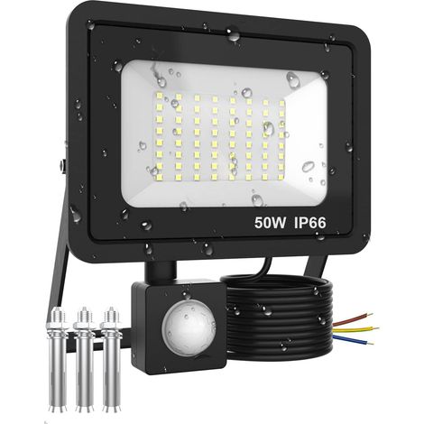 Projecteur LED extérieur avec détecteur de mouvement 50 W, étanche IP66, lumière blanche froide 6500 K, idéal pour jardin, garage et terrasse. (1/5)