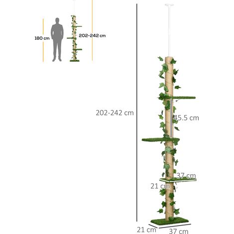 Arbre à chat adapté aux hauteurs sous plafond de 202 à 242 cm (hauteur réglable par tirants), vert (1/5)