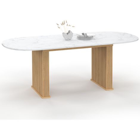 Idmarket – Table à manger extensible ovale 160-200 cm – 6-10 personnes – Pieds effet lattes – Plateau effet marbre blanc – MDF (1/5)