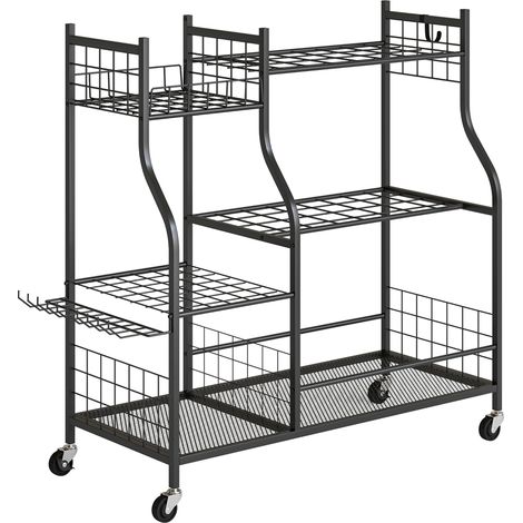 Organisateur de rangement d'outils jardin acier 3 niveaux, 32 compartiments, 4 roulettes, 11 crochets, 104x40x95cm, couleur noire (1/5)