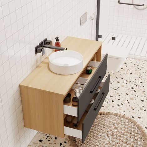 AICA Bathroom 1200450mm MDF Wall-mounted Vanity Unit,Anthracite and Wood Color,Detachable,Soft Close 2 drawers with 4 storage Spaces+White Ceramic Basin