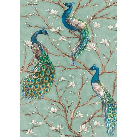 Papier peint panoramique oiseaux bleu Tapisserie panoramique avec paon turquoise Papier peint panoramique cuisine avec arbre & fleur (1/2)