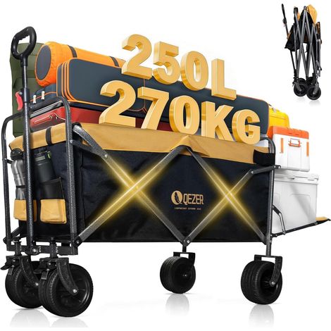 Chariot Pliable avec Roues Tout Terrain,Capacité de Charge 220 kg/270 kg, Chariot de Transport Multifonction pour Plage,Jardin, Camping, Pêche et Barbecue (Noir et Jaune, Grande Taille) (1/5)
