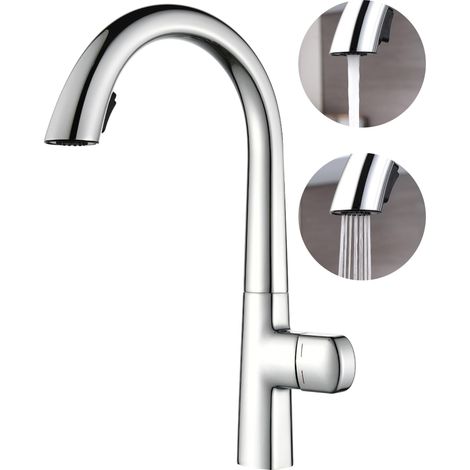 Robinet cuisine,2 fonctions de pulvérisation d'eau mitigeur cuisine,Matériau entièrement en cuivre robinet cuisine rabattable,Rotatif à 360° robinetterie de cuisine,Chromage (1/5)