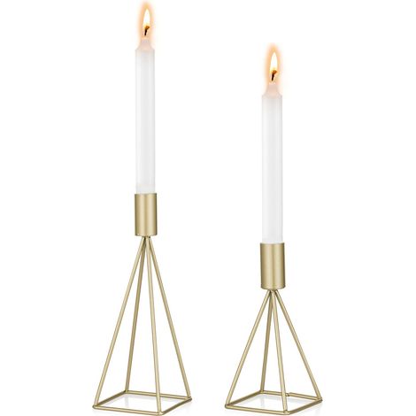 Lot de 2 Bougeoirs Chandeliers Candélabres en Noir Métal Géométrique, Bougeoirs Tailles Différentes, Vintage Décoration de Table Mariage Or (1/5)