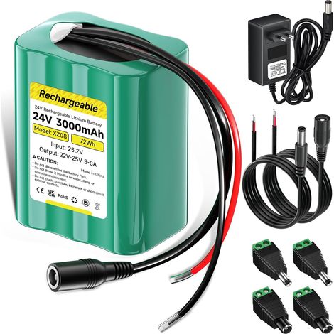 Batterie 24V Batterie Lithium 3000mAh, Puissance Sortie maximale 120 W, avec Chargeur, Adaptateur Prise et Ligne Connexion, pour Bande LED 24V, Panneau Solaire, Lampe DIY, Bateau Jouet (1/5)