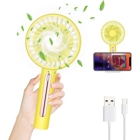 Mini ventilateur de poche rechargeable USB avec base, ventilateur portable silencieux à main, 4 vitesses, utilisation sur table ou à la main, pour maison, bureau, voyage, voiture, jaune (1/5)