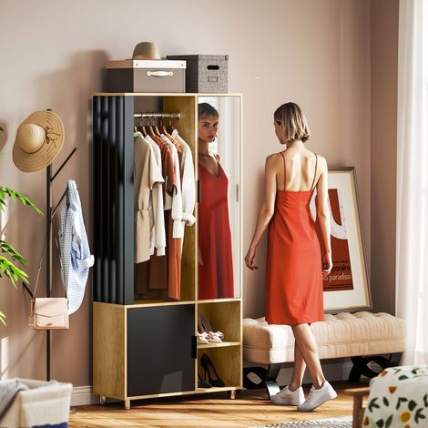 Armoire chambre penderie avec miroir. compartiments ouverts. placard et tringle de suspension. 80 x 30 x 170 cm. naturel