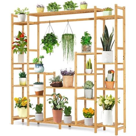 GOPLUS 9 Niveaux Étagère à Fleurs en Bambou, Support pour Plantes avec Dispositif Anti-basculement, 167x30x166cm