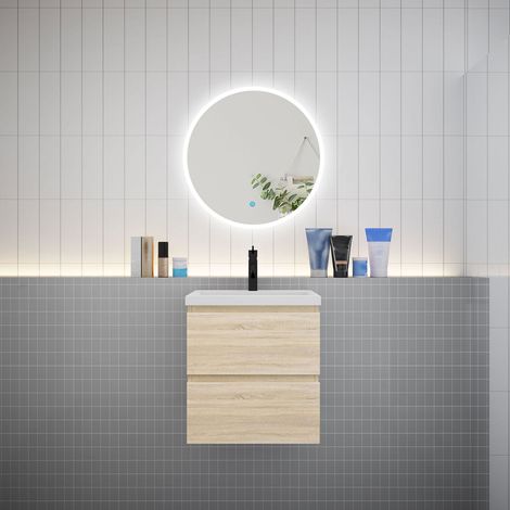 Ensemble meuble vasque L.50cm 2 tiroirs + lavabo + LED miroir rond 60cm,chêne
