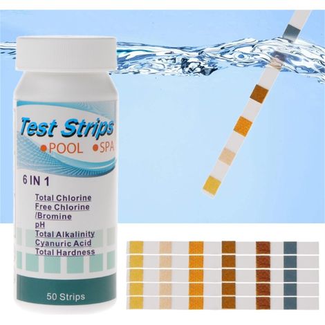 Bandes de test d'eau 6 en 1 pour piscine et spa, qualité de l'eau, chlore total, chlore libre, brome, alcalinité totale, acide cyanurique et dureté totale, 50 pcs (1/4)