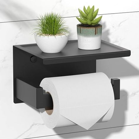 Soporte para papel higiénico autoadhesivo con estante, soporte de pared para baño, acero inoxidable SUS 304, soporte para papel higiénico sin necesidad de taladrar - Negro mate (1/5)