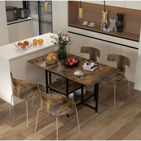 Table à manger pliante avec roulettes 140x80 cm pour 2 à 6 personnes, 2 étagères ouvertes, marron rustique (1/5)