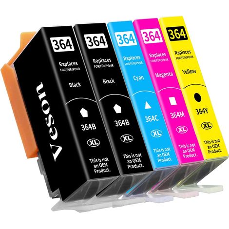 5X 364XL Cartouches d'imprimante compatibles avec Les Cartouches HP 364XL pour Photosmart 5520/10, 6510/20, 7510/20, Deskjet 3520, 3070A, 3522, Officejet 4610/20 (2 Noir, 1 Cyan, 1 Jaune, 1 Magenta) (1/5)