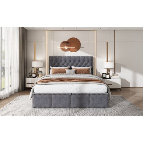 Lit coffre 160 x 200 avec sommier, lit rembourré pour adulte,lit double avec sommier à lattes,Lit Coffre Hydraulique, design clouté, tissu velours gris (1/5)