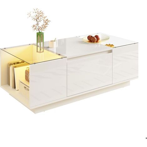 Table basse 105 cm, design moderne plateau verre trempé, rangement intégré 2 tiroirs, LED intégrées Bluetooth (1/5)