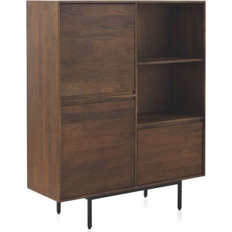 Hohes Sideboard mit 3 glatten Türen, aus massivem Mangoholz, mit Metallbeinen. (1/5)