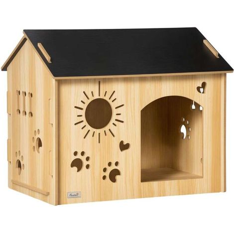 Maison pour chien en bois avec ventilation résistante aux intempéries couleur noire et bois dimensions 69 x 50 x 58,5 cm (1/5)