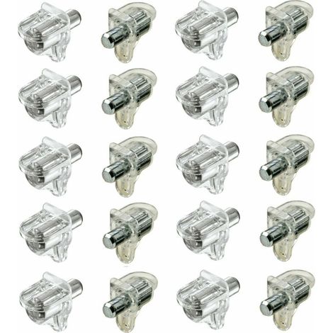 – Lot de 20 taquets en plastique transparent avec tenon acier 5mm – Capacité de charge 3,1 kg – Pour étagères bois et verre (1/2)