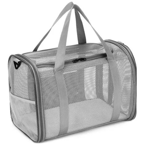 Sac de transport spacieux en maille respirante pour chats et chiens, avec bandoulière et tapis amovible. Pliable et idéal pour les voyages. Gris clair. (1/3)