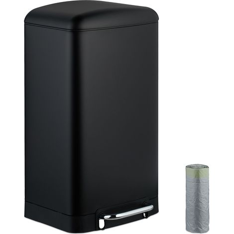 Relaxdays Cubo de Basura Cocina, 30 L, Antihuellas, Papelera Interior Extraíble, Pedal, Bolsas, Acero Inoxidable, Negro