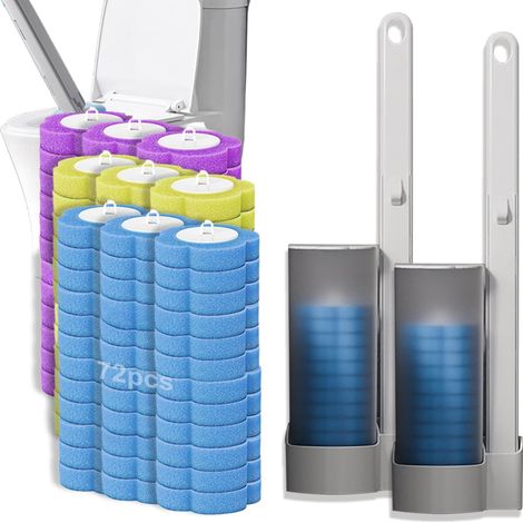 Ensemble de brosses de toilette jetables (comprenant 2 brosses + 72 têtes de brosse remplaçables en 3 parfums + base de rangement) Coloré (1/5)