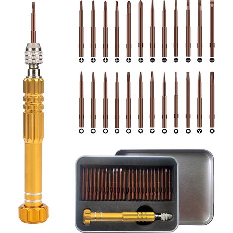 Lot de Mini Tournevis 24 en 1 de Précision pour Lunettes, Montres, Bijoux, Jouets et Réparation de Téléphone Portable (Doré) (1/5)