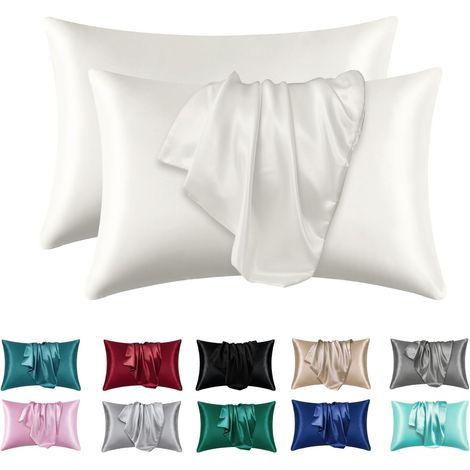 FLCA Lot de 2 taies d'oreiller en satin de soie, taille standard 50x75 cm, blanc, avec fermeture éclair, adaptables à toutes les saisons, bénéfiques pour les cheveux et la peau (1/4)