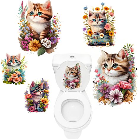 Lot de 5 autocollants pour abattant de WC - Motif chat et fleur mignons - Autocollant en PVC - Étanche - Pour WC (1/5)