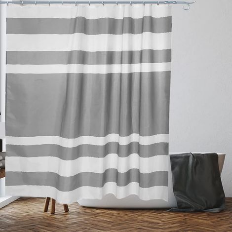 Rideau de douche à rayures blanches et grises, anti-moisissures et résistant à la rouille Dimensions : 28 x 18 x 5 cm Tissu déperlant 100 % polyester (1/5)