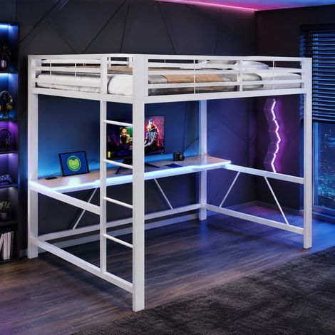 Lit mezzanine 160x200 en métal avec bureau, LED, station de charge USB, blanc OKMYHOME (1/5)