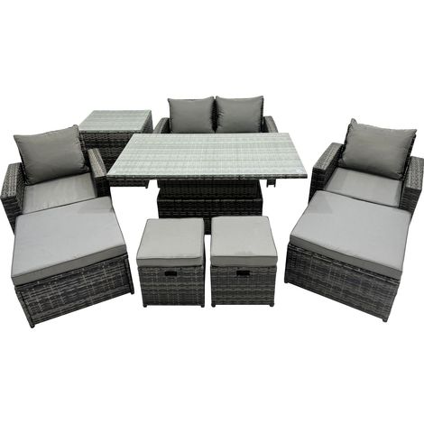 Fimous Outdoor Love Sofa Set 8 Seat Rattan Garden Furniture Set with Adjustable Lifting Dining or Coffee Table 4 Stools Side Table Dark Grey Mixed (1/4)