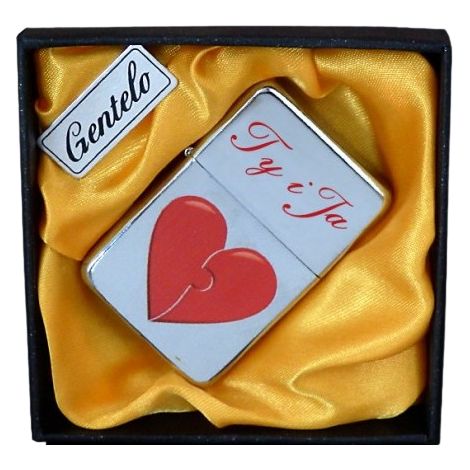 Encendedor de gasolina Gentelo con la inscripción "Tú y yo" en caja de regalo