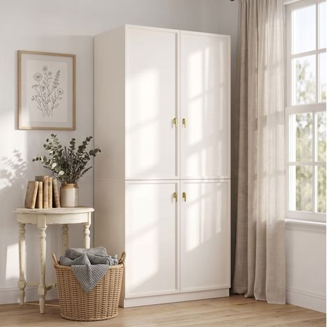 MODFU – Armario 90x48x200 cm de MDF/acero con puertas batientes, ropero, perchero para pantalones, 3 compartimentos y carga 30 kg – Blanco (1/5)