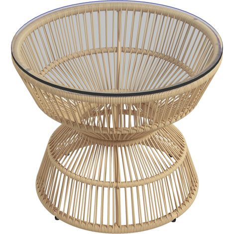 Mesa auxiliar de ratán 60 cm con tablero de vidrio templado para exterior, estilo boho (1/5)