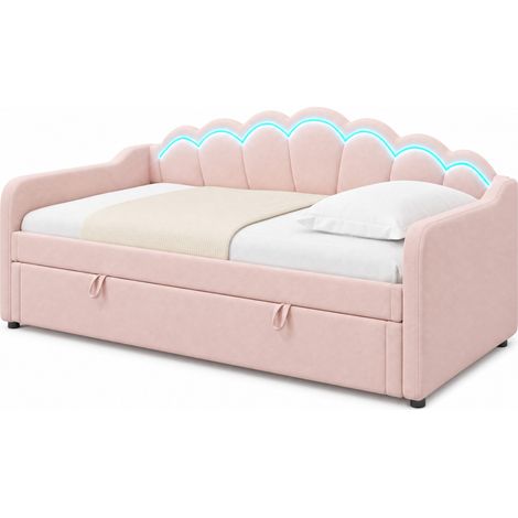 Divano letto singolo 90x200 cm in velluto rosa con contenitore, testiera ondulata, LED multicolore e struttura MDF - CHICFURN (1/5)